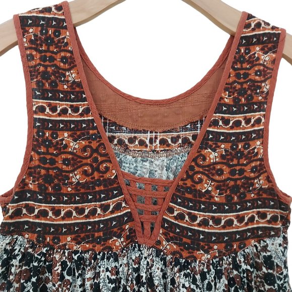 Free People Boho Top Womens Small Brown Sleeveless Pleated Round Neck Floral - Picture 5 of 8